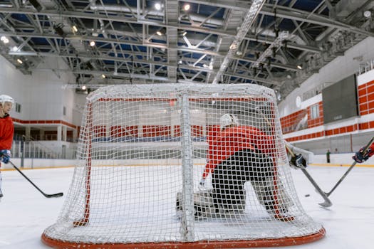 hockey players battling for the puck