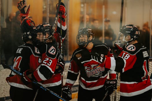 hockey team celebrating a goal