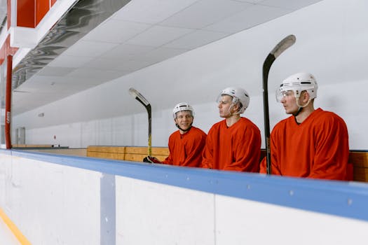 hockey players communicating on the ice