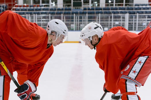 hockey players preparing for a face-off