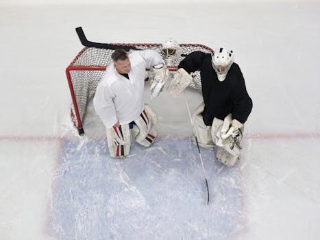 hockey players communicating on the ice