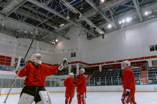 group of hockey players practicing drills