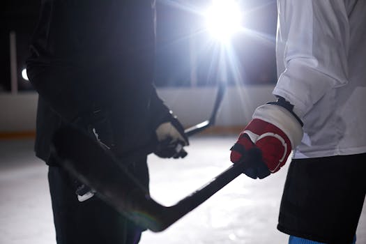 hockey players on ice with penalty box visible